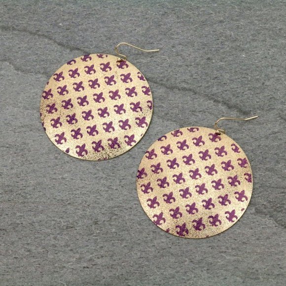 Fleur De Lis Purple and Gold Earrings - Picture 1 of 2